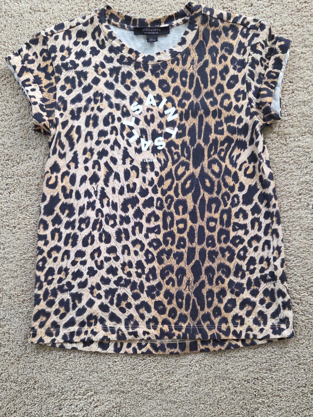 All Saints Leopard Print Short Sleeve Tee in Tan and Black
